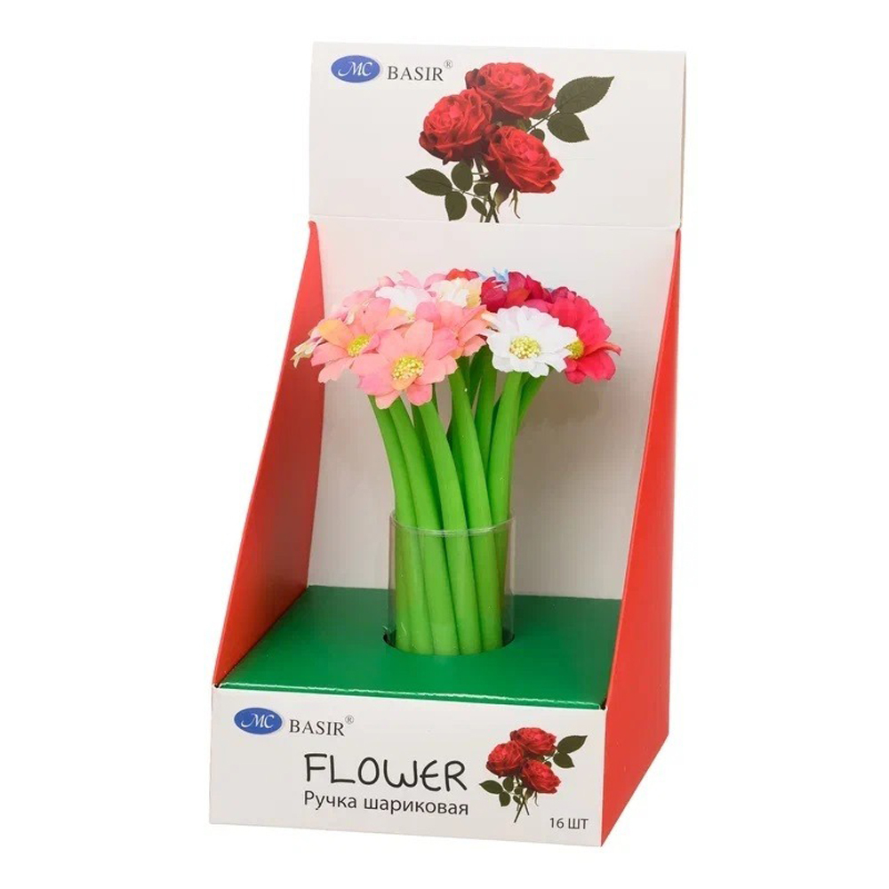 Ручка шариковая, Basir, синие чернила, серия ""ПОЛЕВЫЕ ЦВЕТЫ", наконечник в форме цветка, 16 шт