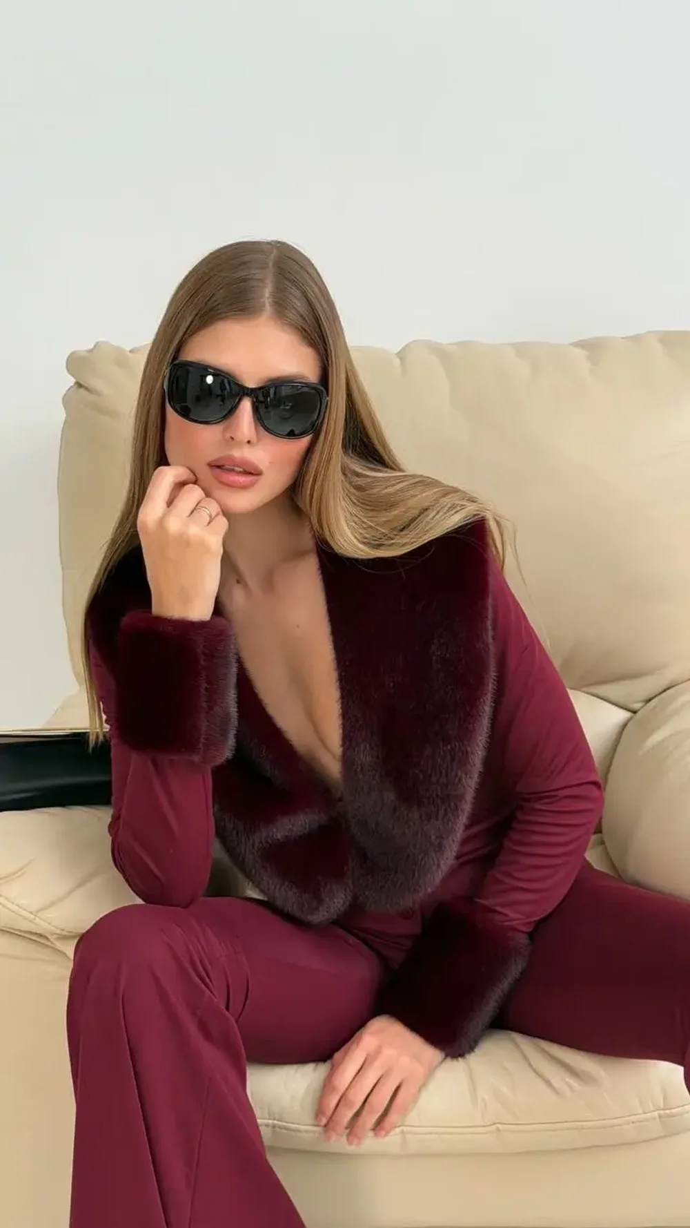 Кардиган с мехом, Бордовый