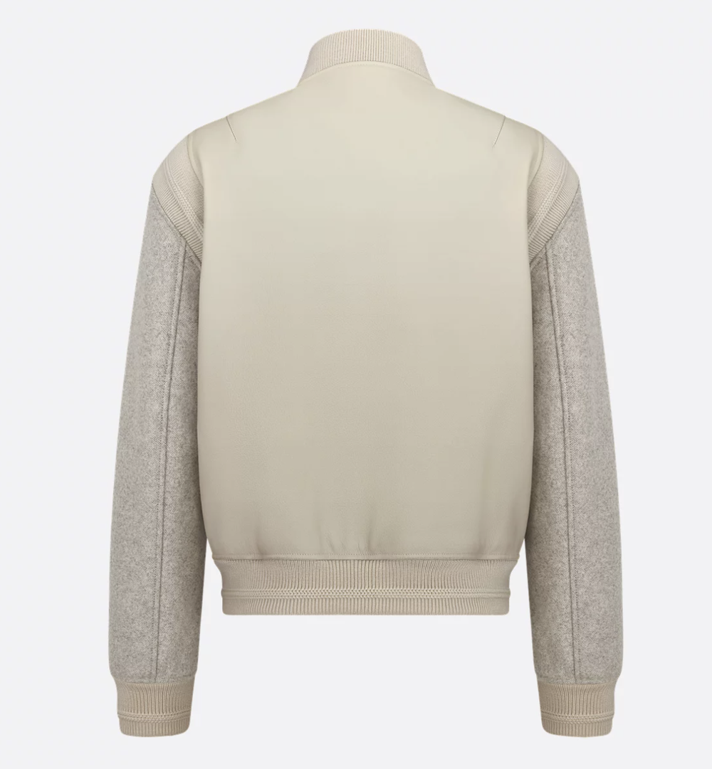 Мужской кожаный жакет Dior Varsity с вышивкой CD Icon, бежевый