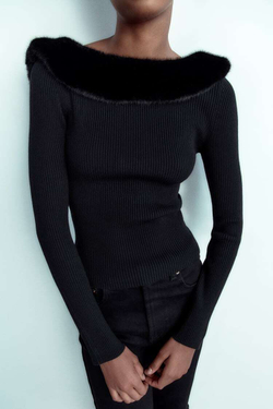 ZARA СВИТЕР С ВОРОТНИКОМ ИЗ ИСКУССТВЕННОГО МЕХА, ЧЕРНЫЙ