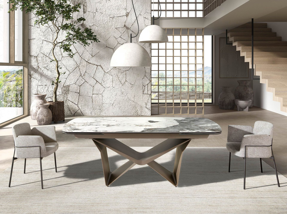 Овальный раздвижной обеденный стол 1154 из керамики в отделке под мрамор