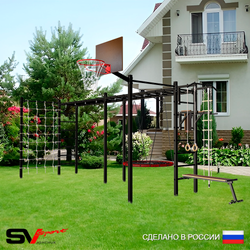Уличная шведская стенка Sv Sport рукоход х 2 с комплектом турник прямой 2шт У52666.2К (Турник/Брусья/Скамья/Гнездо 115см/Щит баскет/Канат/кольца/лестница/Сетка)