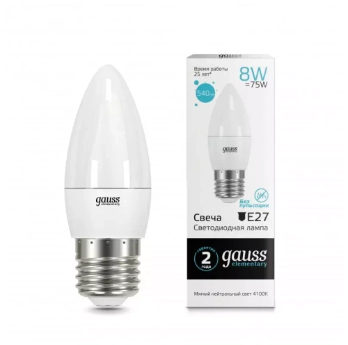 Лампа Gauss LED Elementary Свеча 8W E27 540 lm 4100K  33228