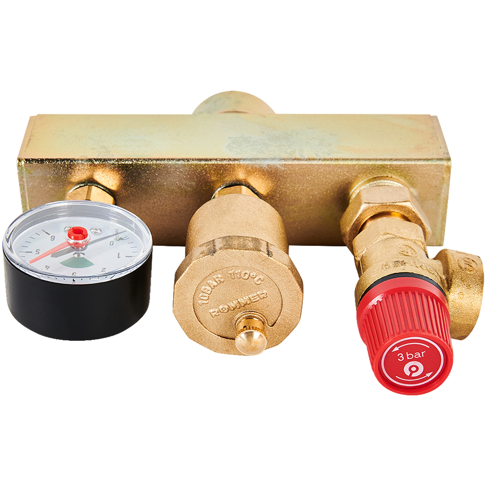 Группа безопасности котла ROMMER - 1" (до 50 кВт, PN3, Tmax 100°C, без теплоизоляции)