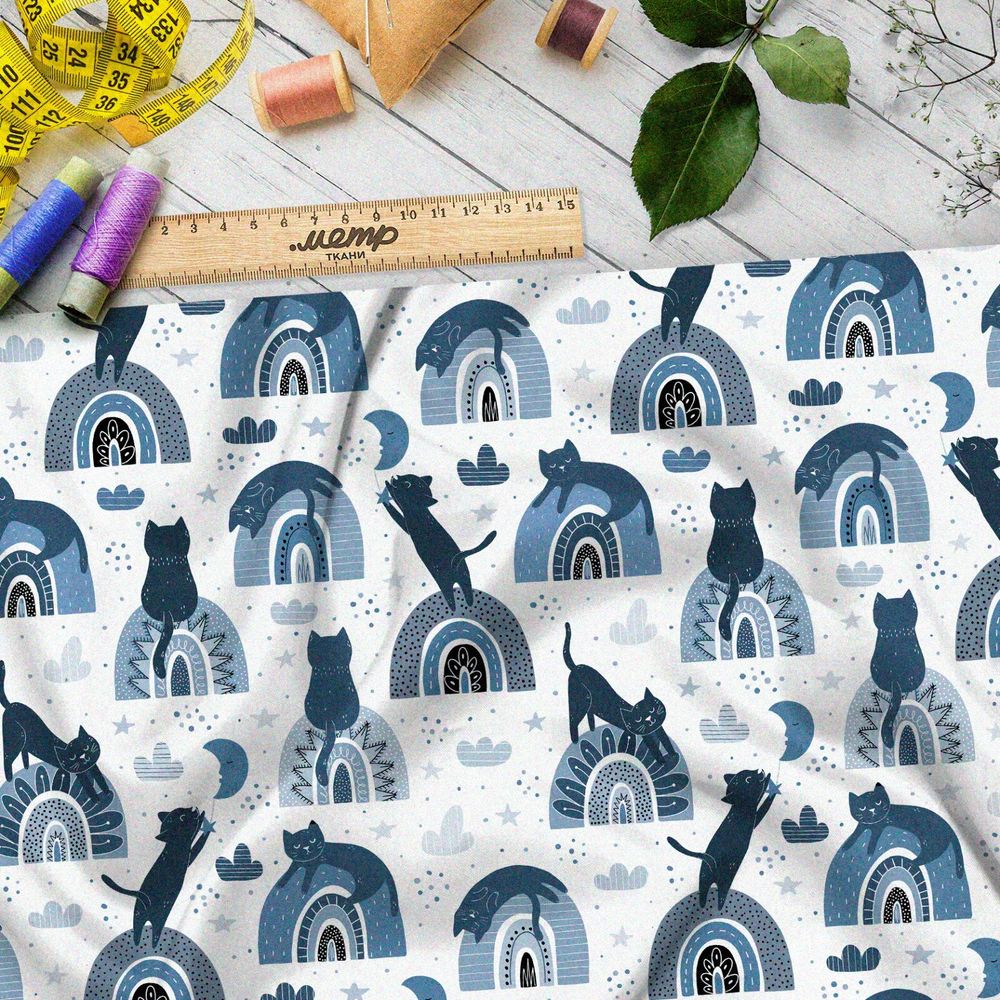 Ткань муслин синие кошки скачут по холмам