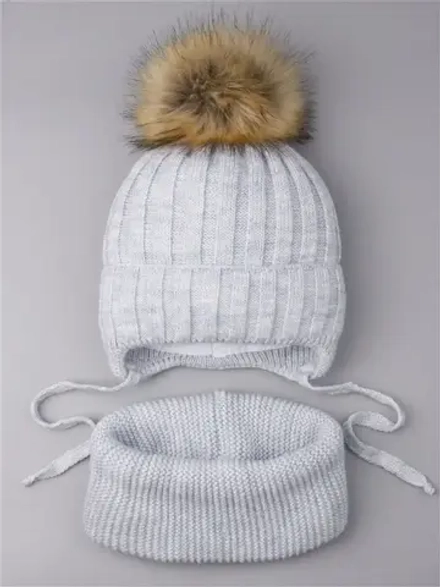 Шапка зимняя детская вязаная с помпоном и снуд