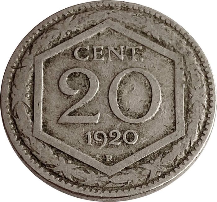 20 чентезимо 1920 Италия (гладкий гурт)