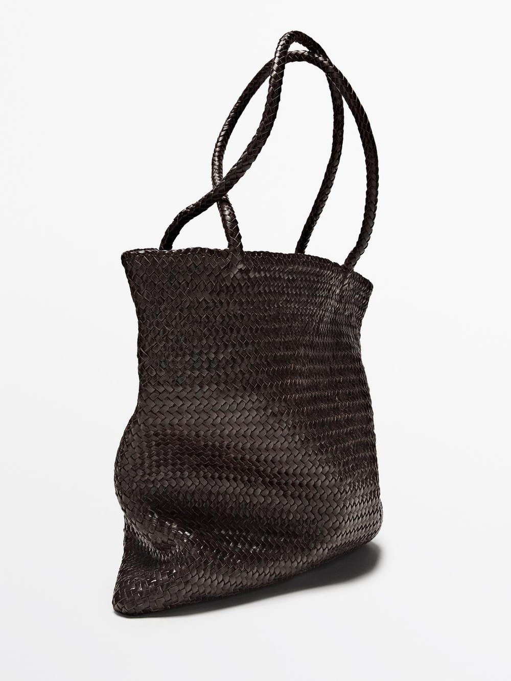 Massimo Dutti Средняя сумка-тоут из плетеной кожи наппа, коричневый