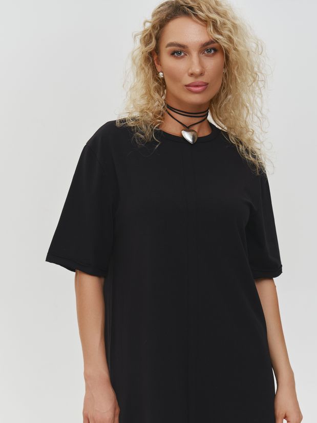 Платье трикотажное макси,с воланом из сетки, черное