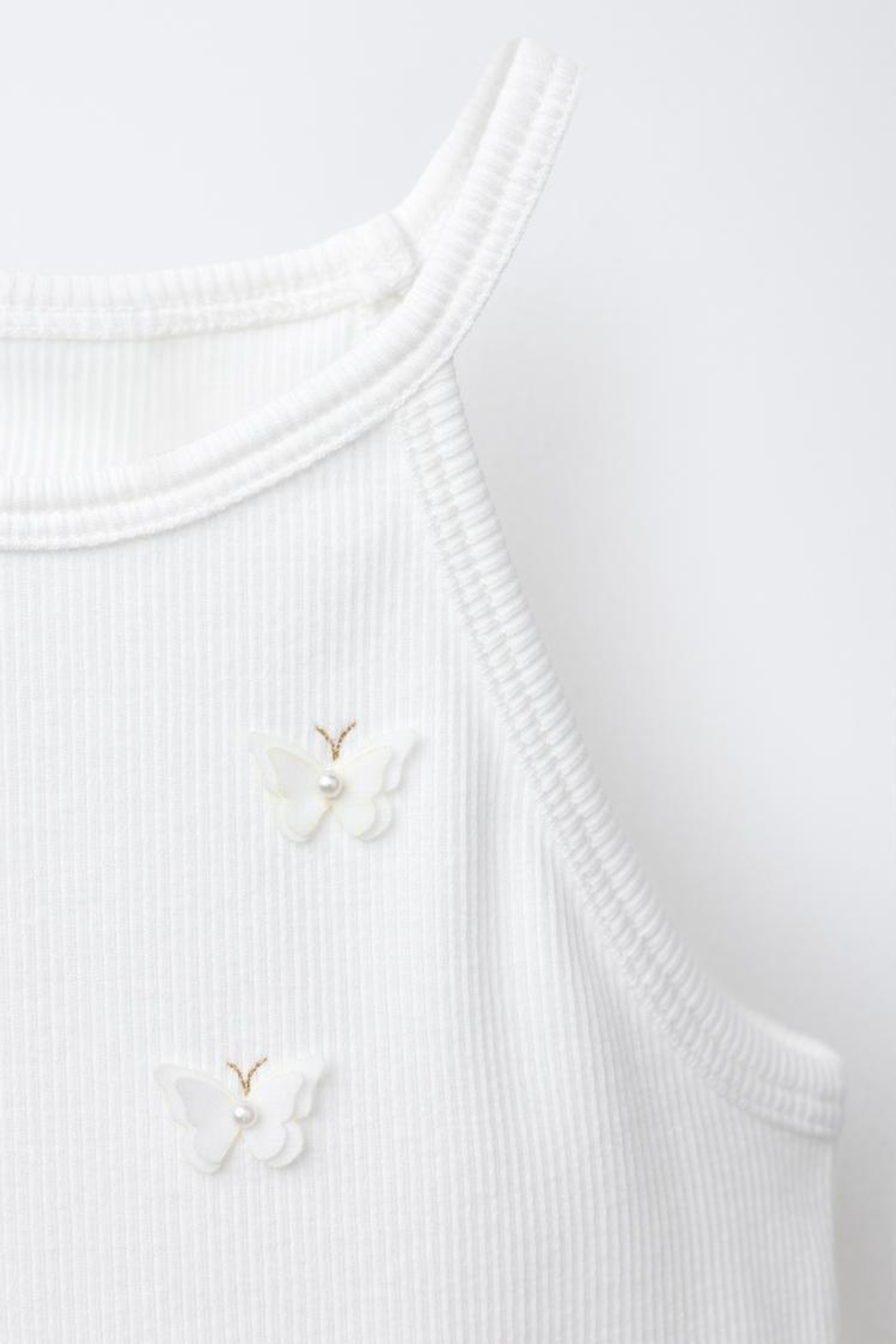 ZARA ФУТБОЛКА В РУБЧИК С БАБОЧКАМИ И ЦВЕТАМИ, БЕЛЫЙ