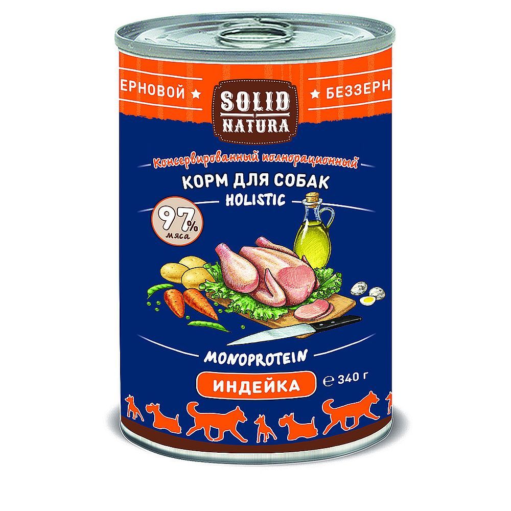 Влажный корм для собак Solid Natura Holistic из индейки, Банка 340 г Влажный корм для собак Solid Natura Holistic из индейки, Банка 340 г
