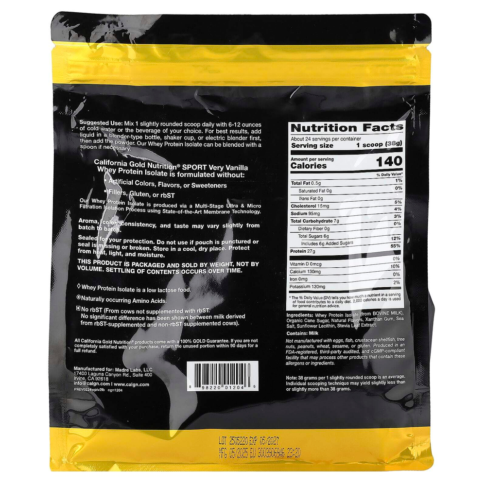 California Gold Nutrition, Sport, изолят сывороточного протеина с органическим тростниковым сахаром и подсолнечным лецитином, со вкусом ванили, 907 г (2 фунта)
