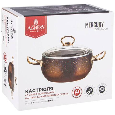 КАСТРЮЛЯ AGNESS С АНТИПРИГАР. ПОКРЫТИЕМ GRANITE, СЕРИЯ MERCURY, 26*12 СМ, 5,5Л, PFOA FREE