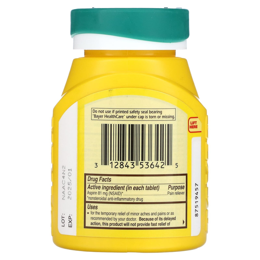 Bayer, Безопасный прием аспирина, низкая доза, 81 мг, 300 таблеток, покрытых кишечнорастворимой оболочкой