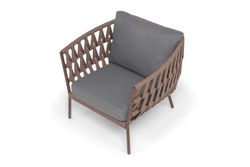 "Диего" кресло плетеное из роупа, каркас алюминий коричневый (RAL8016) муар, роуп коричневый круглый, ткань темно-серая 027