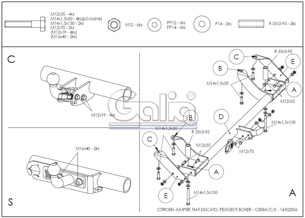 Фаркоп оцинкованный Galia C008A для FIAT Ducato Sollers 2008-2011, Citroen Jumper, Peugeot Boxer 1994-2006 фургон(паспорт и сертификат в комплекте)(без электрики)