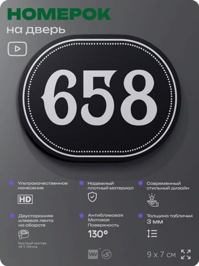 Номерок на дверь квартиры 658, для кабинета, офиса, шильдик 9 х 7 см, черный, Айдентика Технолоджи