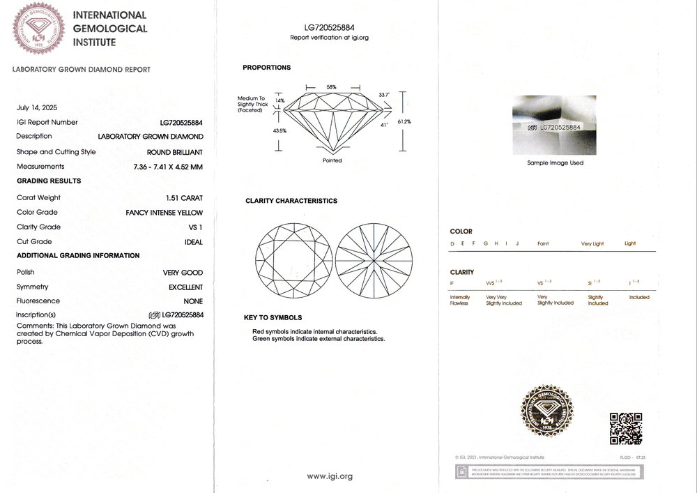 Лабораторно-выращенный бриллиант круг 7.36 х 7.41 х 4.52 мм Fancy INTENSE YELLOW/VS1 1.51 ct