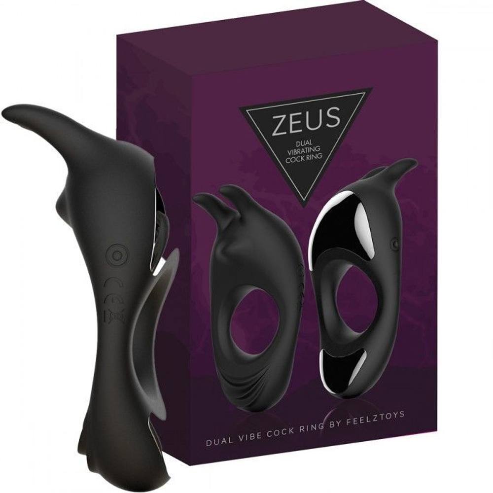Черное эрекционное кольцо с двумя моторами Zeus Dual Vibe Cock Ring