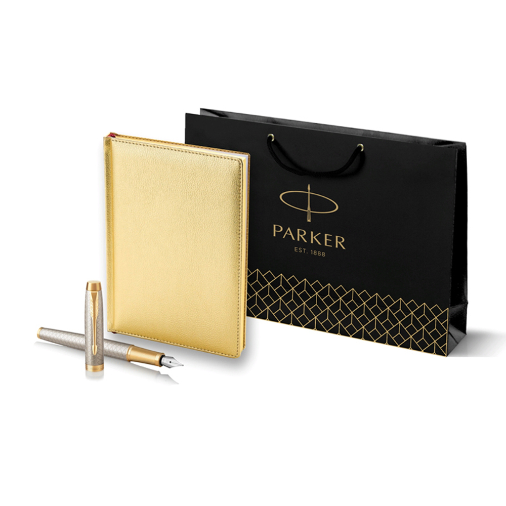 Подарочный набор Parker: ежедневник, ручка перьевая Parker IM Premium Warm Silver Grey GT, цвет чернил синий