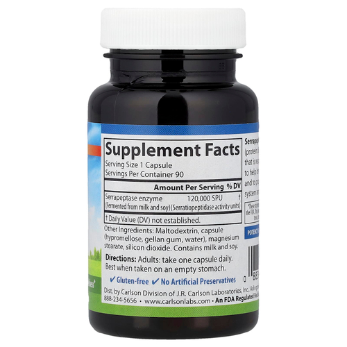 Carlson, Серрапептаза, замедленное высвобождение, 120 000 SPU, 90 вегетарианских капсул