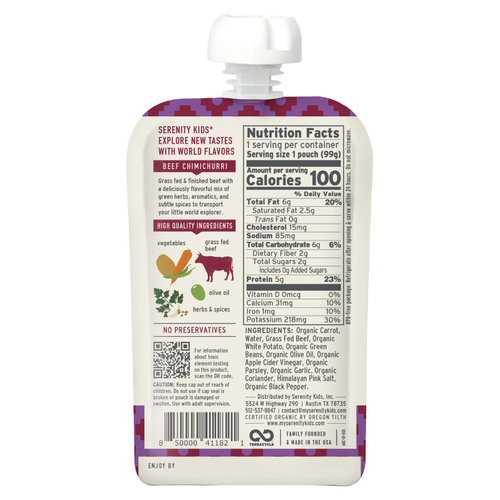 Serenity Kids, чимичурри из говядины травяного откорма с морковью, картофелем, стручковой фасолью и петрушкой, для детей от 7 месяцев, 99 г (3,5 унции)