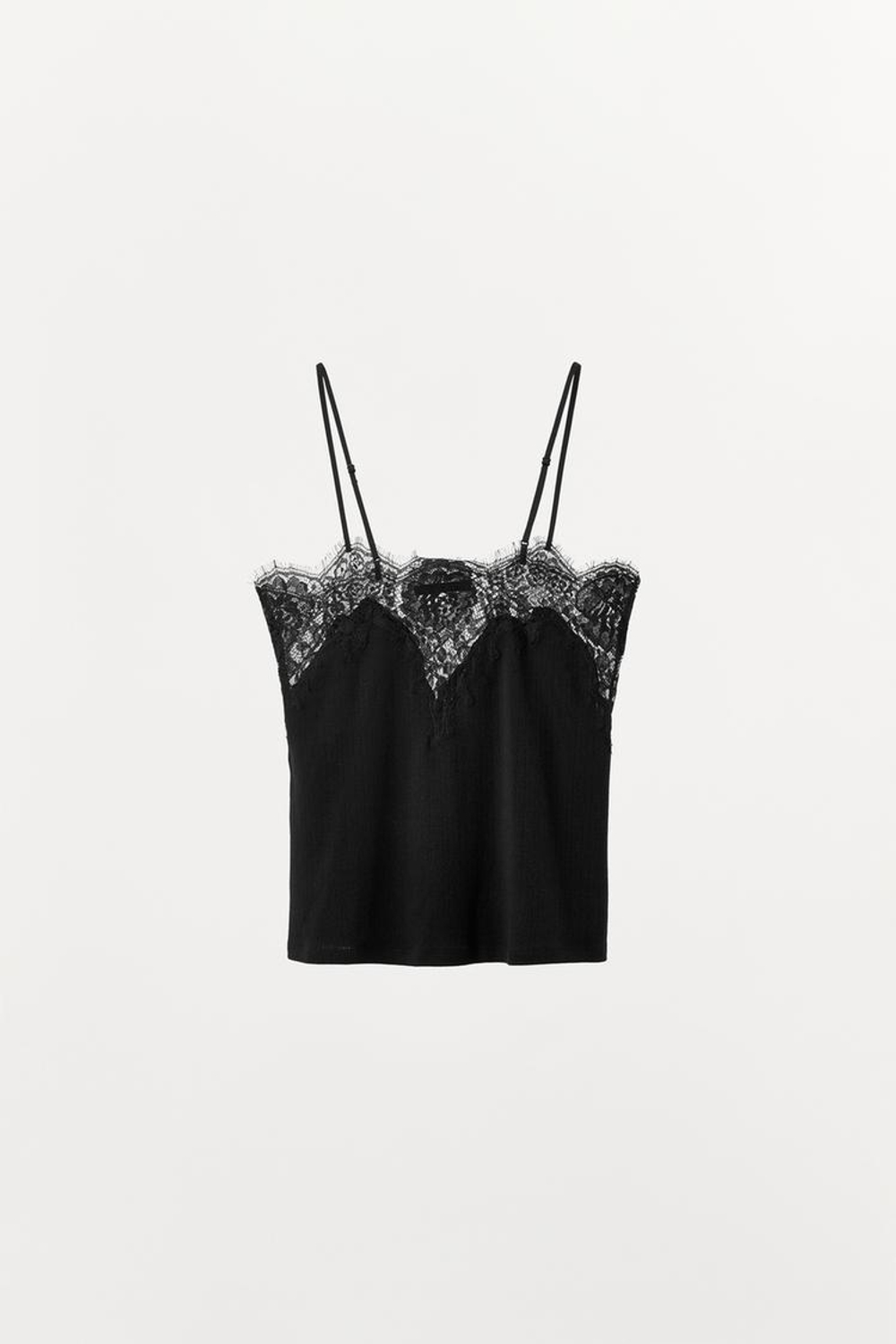 ZARA ТОП ИЗ ВЯЗАНОГО КРУЖЕВА НА БРЕТЕЛЯХ, ЧЕРНЫЙ