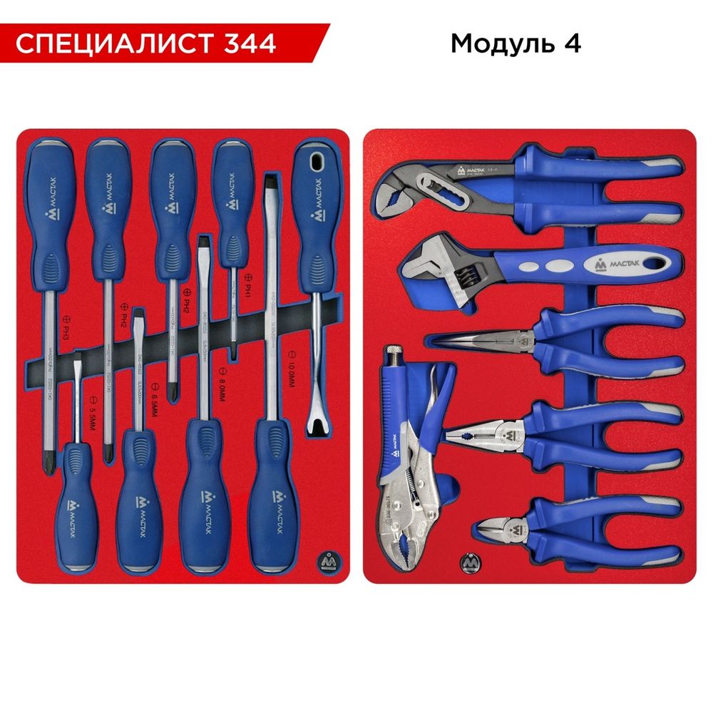 МАСТАК (50-07344R) Набор инструментов 344 предмета, "СПЕЦИАЛИСТ 344", в красной тележке