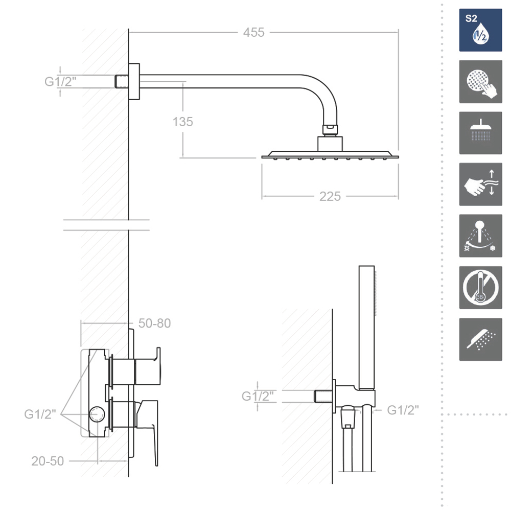 Встраиваемый смеситель для душа с тропическим и ручным душем TITANIUM K1815022
