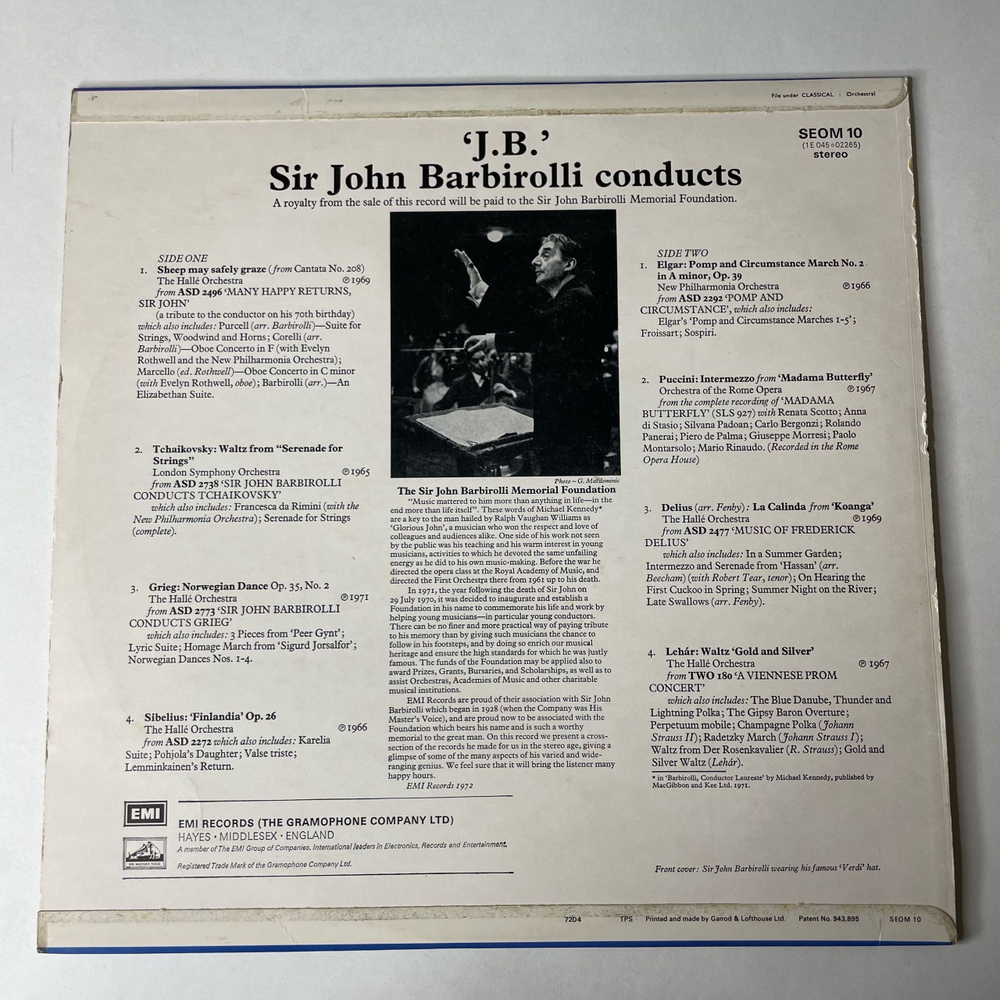 Винтажная виниловая пластинка LP Джон Барбиролли Sir John Barbirolli ,J.B.'Sir John Barbirolli Conducts (Англия 1972)