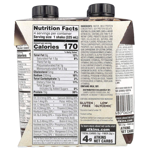 Atkins, Кофейный протеиновый коктейль со льдом, ванильный латте, 4 коктейля, 325 мл (11 жидк. унц.)