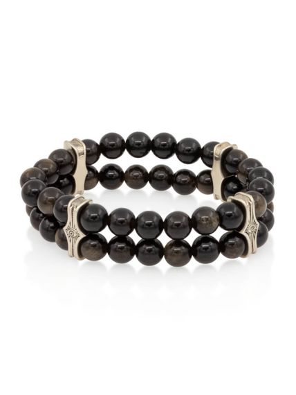 Фото браслета двойного из обсидиана 8 мм с шармом Всевидящее око из мельхиора, вид сбоку