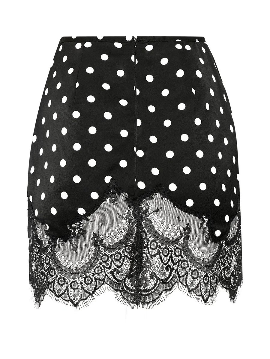 Шелковая мини юбка с кружевом в горох, Черная