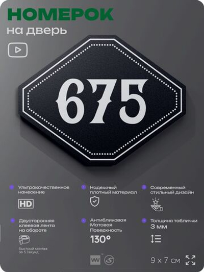 Номерок на дверь квартиры 675, для кабинета, офиса, шильдик 9 х 7 см, черный, Айдентика Технолоджи