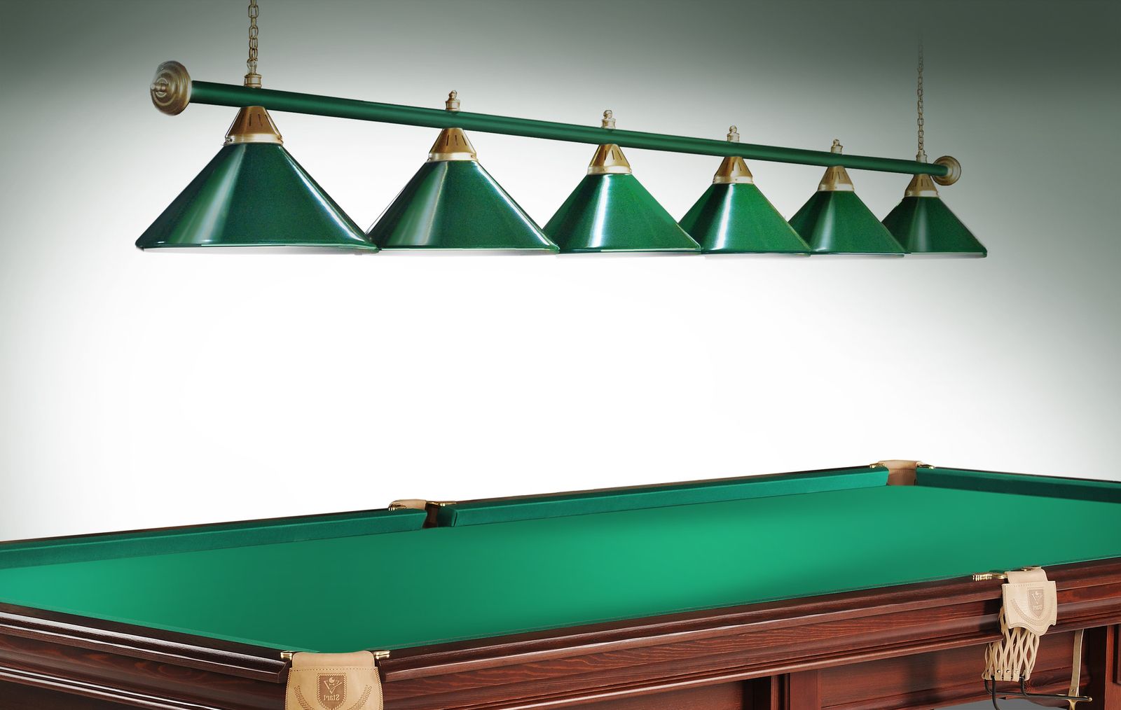 Лампа STARTBILLIARDS 6 пл. (плафоны зеленые,штанга зеленая,фурнитура золото) фото №3