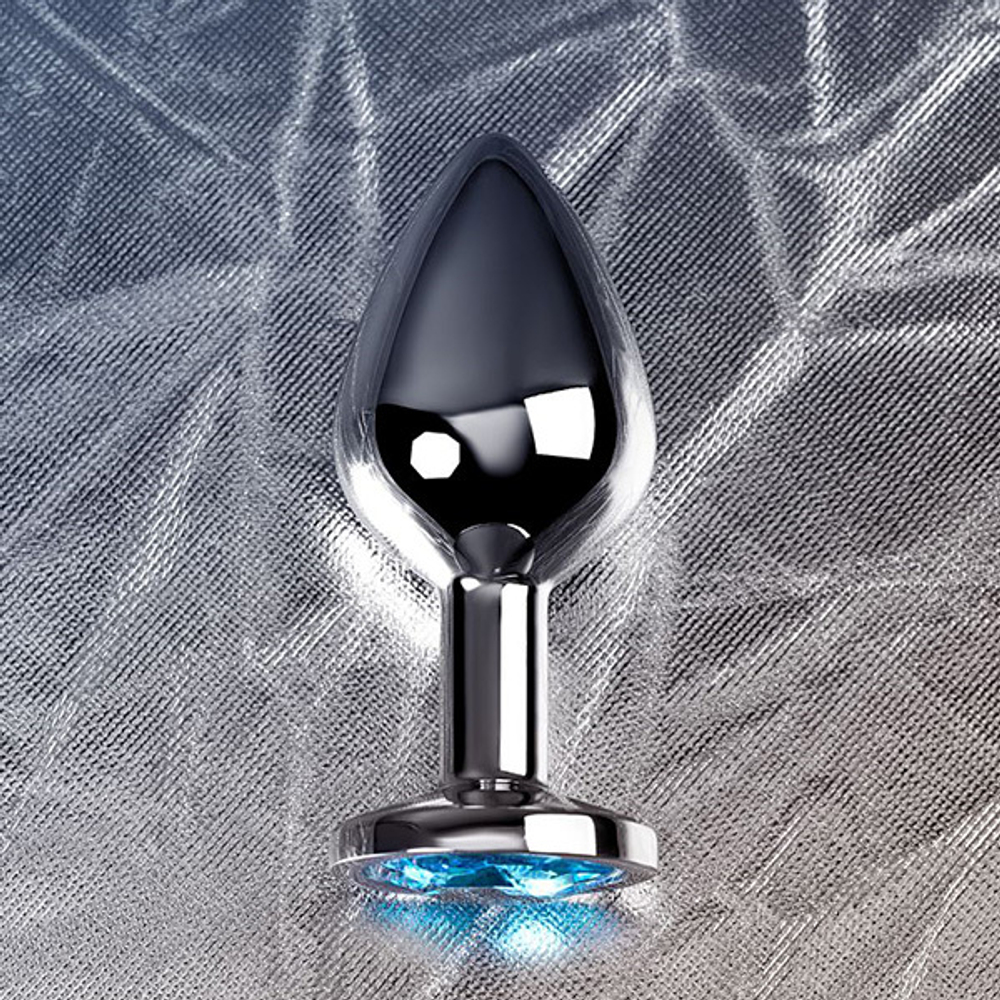 Серебристая коническая анальная пробка 8см с голубым кристаллом ToyFa Metal 717002-14