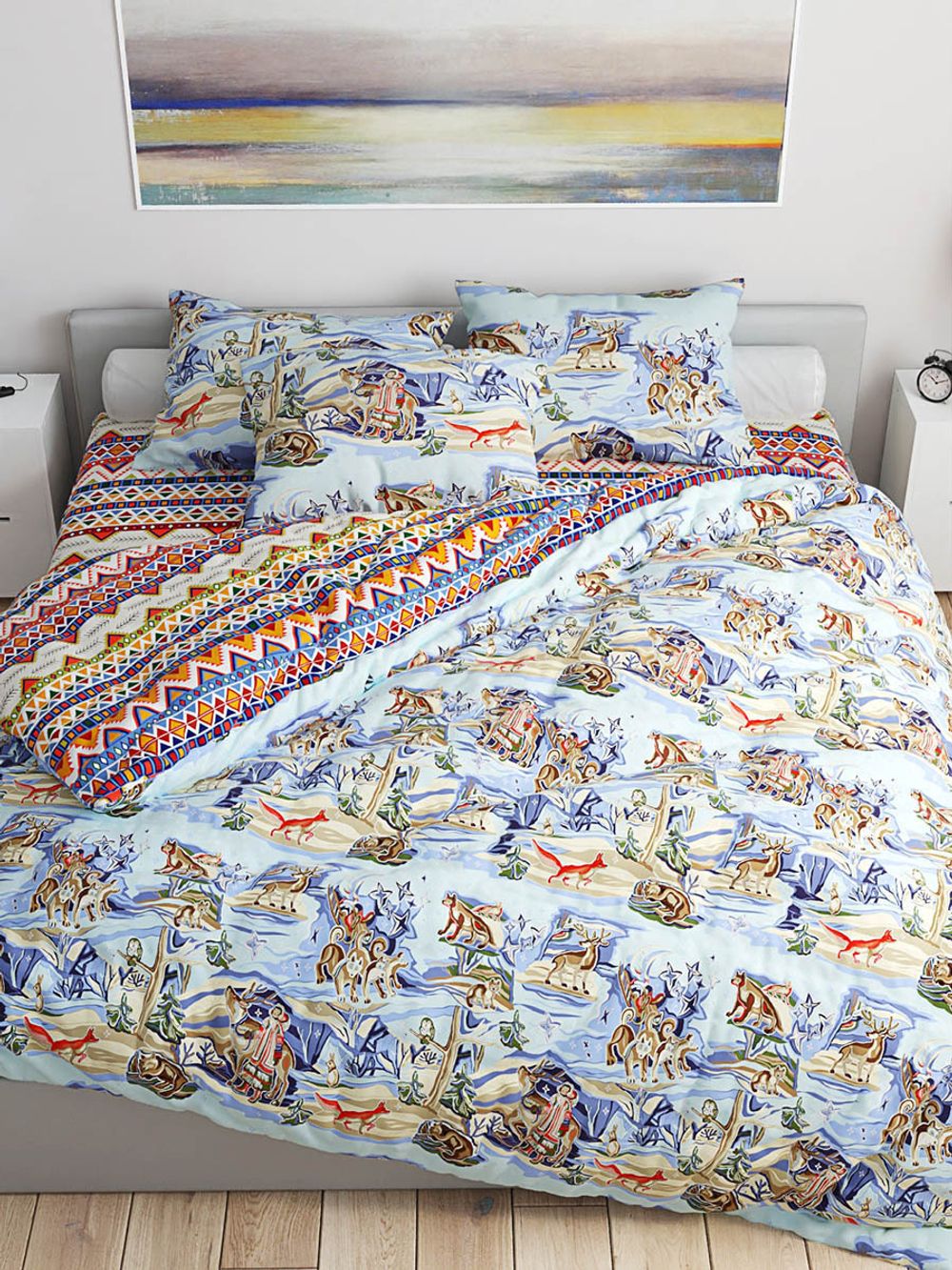 Постельное белье Сказка "Сказки севера/Орнамент" семейное Наволочка 50х70 см 2 шт Простынь 240х215 см Пододеяльник 145х215 см(2шт) , перкаль