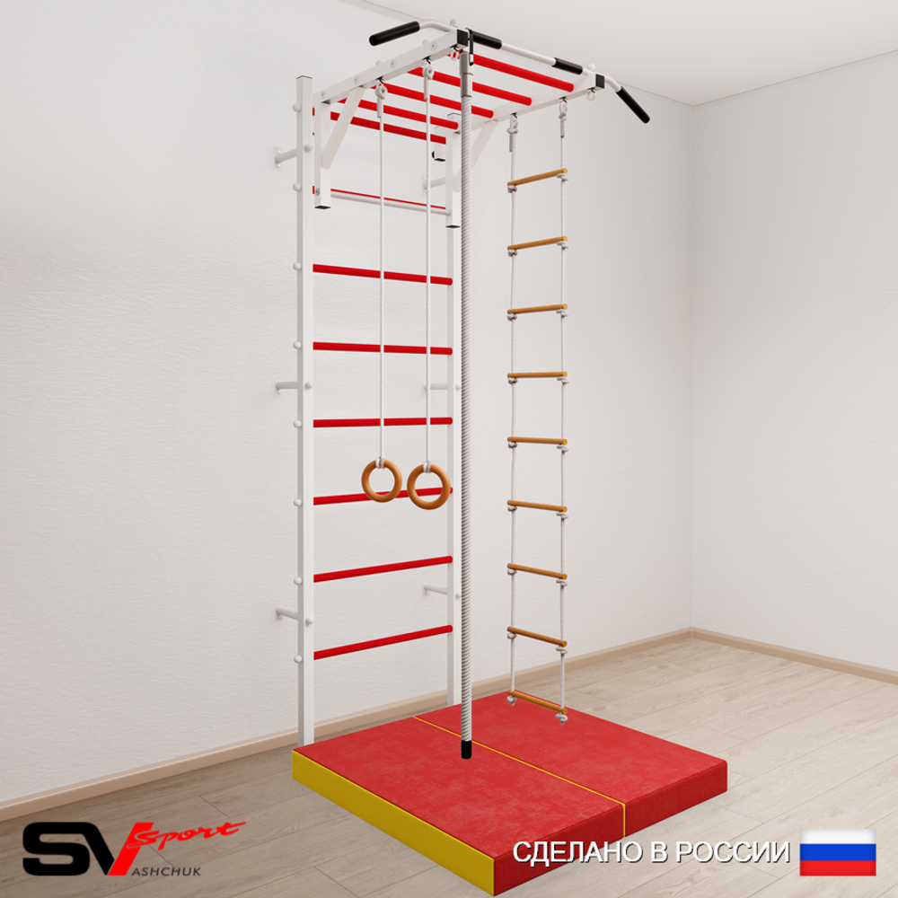 Шведская стенка Sv Sport усиленная 6214 (Турник рукоход/Канат/Кольца/Лестница/Мат 1м)