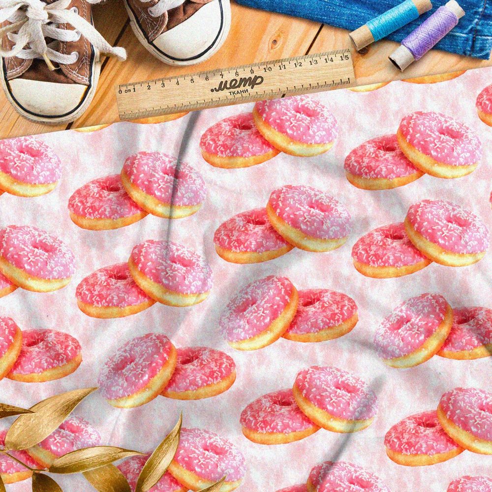 Ткань кулирная гладь клубничные пончики с посыпкой