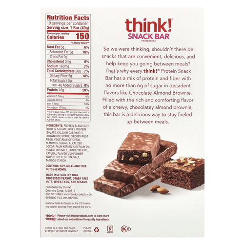 Think !, Протеиновые и клетчатые батончики, шоколадно-миндальный брауни, 10 батончиков по 40 г (1,41 унции)