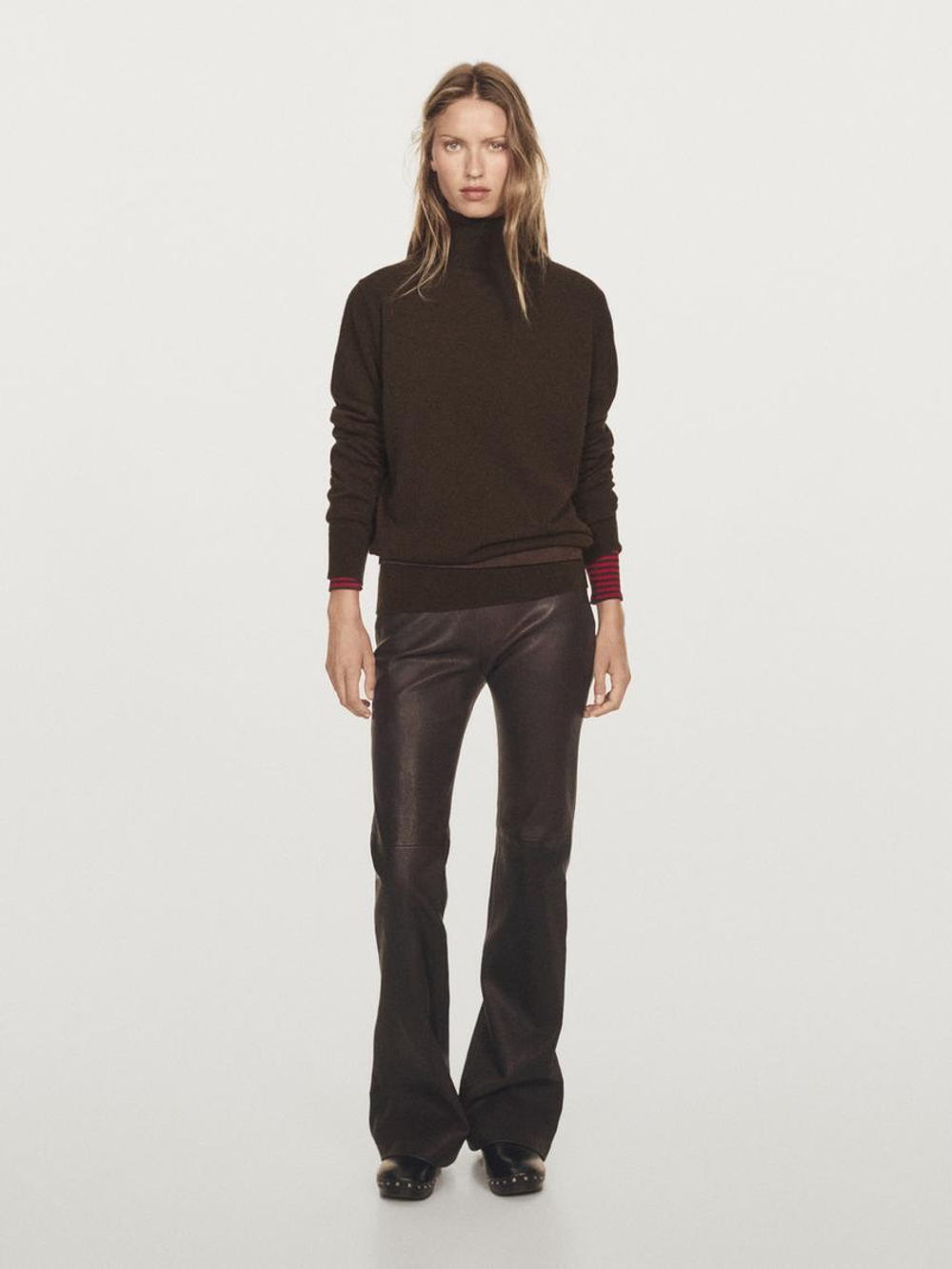 Massimo Dutti Трикотажный свитер из 100% кашемира с высоким воротником, коричневый