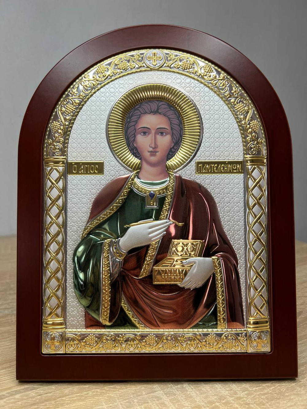 Пантелеймон, икона арочная, красное дерево, эмаль 150х200