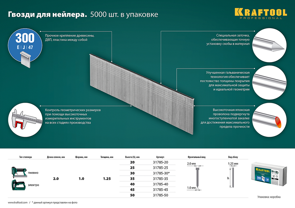 KRAFTOOL гвозди тип 300 (47/J/ F), 30 мм, калибр 18GA. 5000 шт (31785-30)