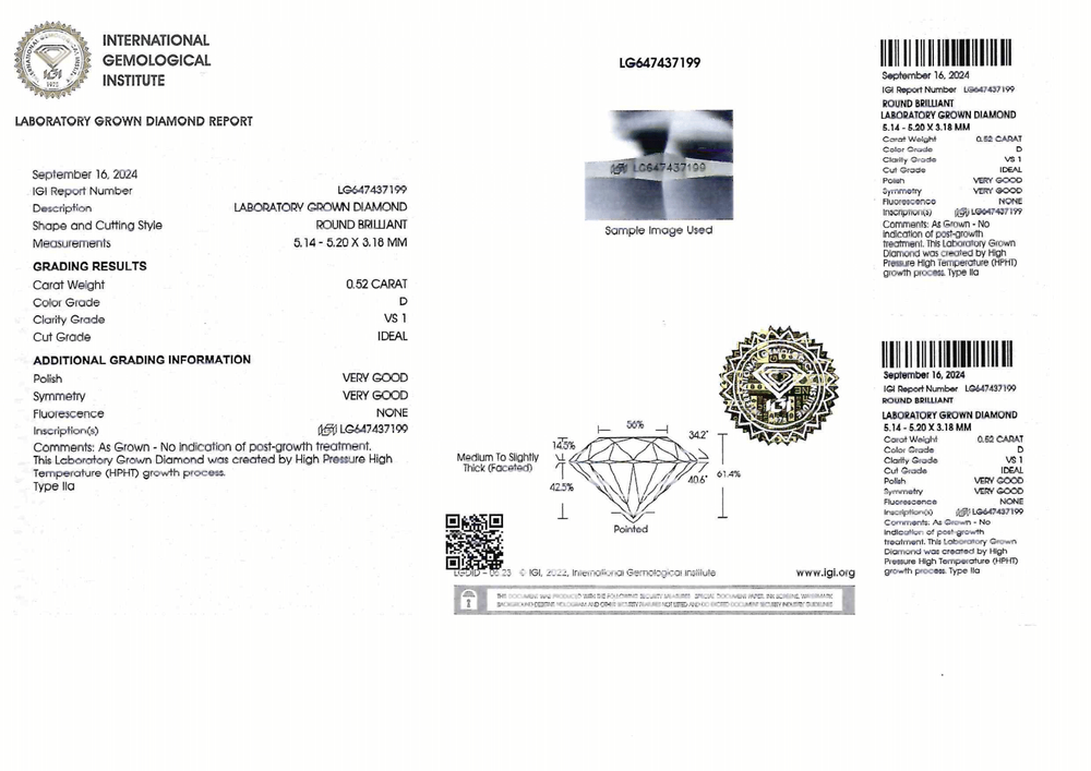 Лабораторно-выращенный бриллиант Кр-57 5.14-5.20 мм D/VS1 0.52 ct