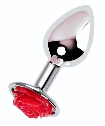 Серебристая анальная втулка с красной розочкой - 8 см. (Цвет: красный)