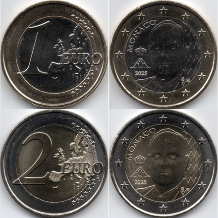 Монако 2025 набор 1 и 2 евро UNC