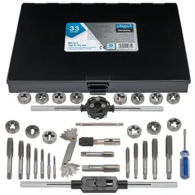 Набор метчиков и плашек 33пр.(метрич+дюйм)(М3х0.5,М4х0.7,М5х0.8,М6х1.0,М8х1.25,М10х1.5,М12х1.75,1/4,5/16,3/8,7/16,1/2,1/8-28,1/4-19) Scheppach Sch-M033-3