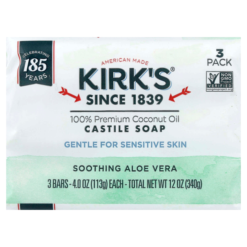 Kirk's, 100% кастильское мыло премиального качества с кокосовым маслом, успокаивающее алоэ вера, 3 бруска по 113 г (4 унции)