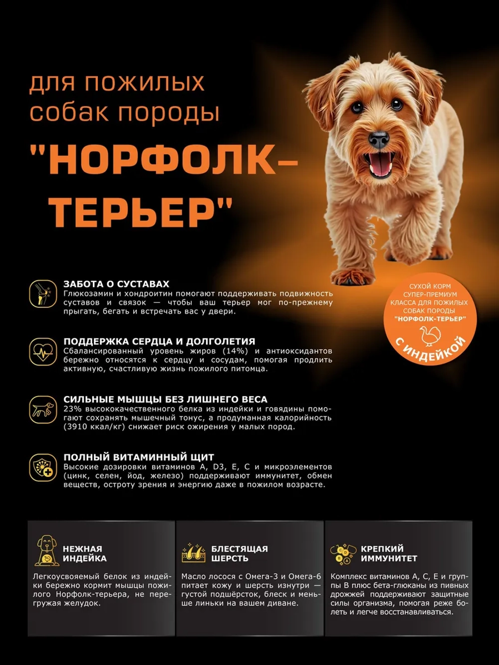 Корм для Норфолк-терьер старше 7 лет, с индейкой, 3 кг