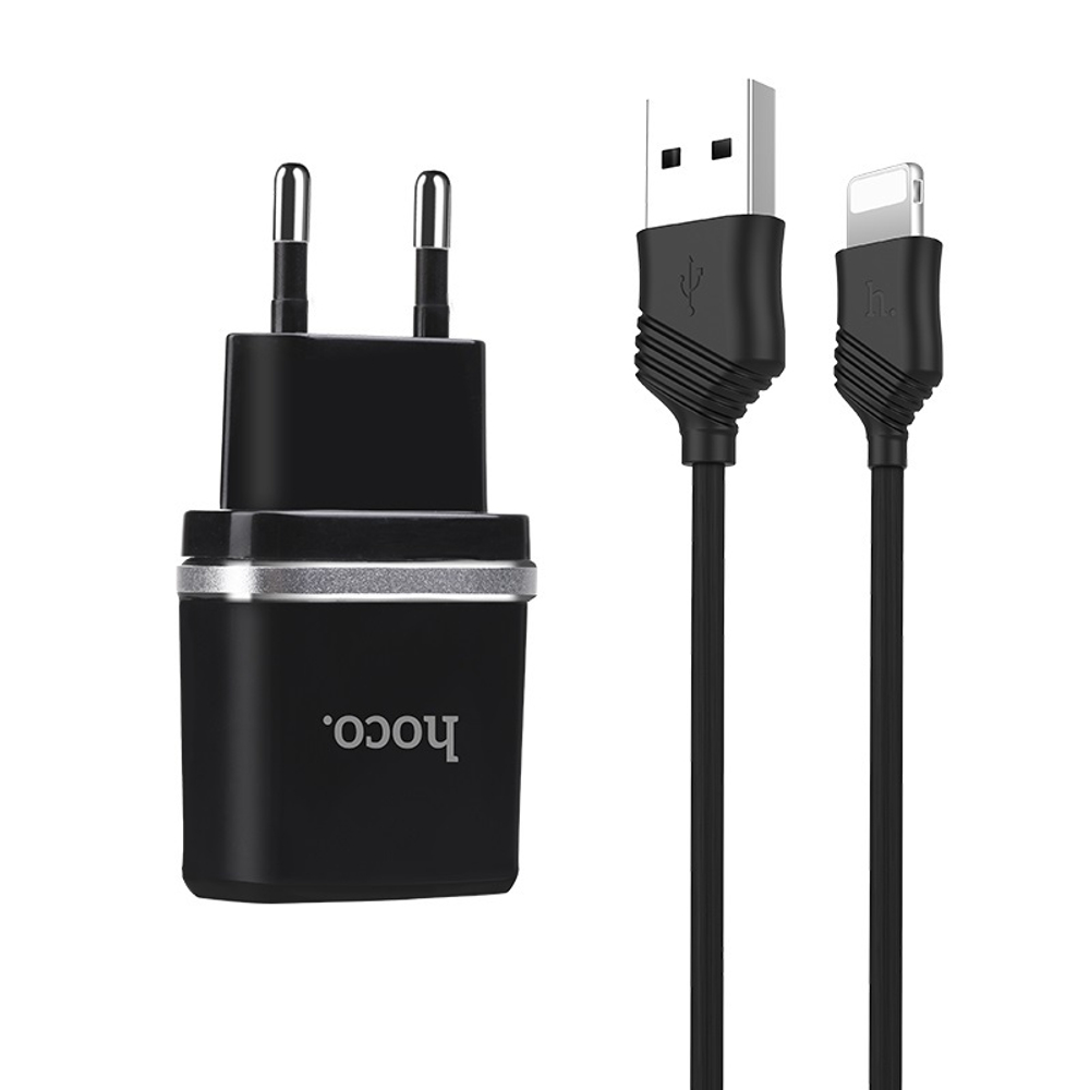 Адаптер питания Hoco C12 Smart dual USB charger set + Cable lightning (2USB: 5V max 2.4A) Черный